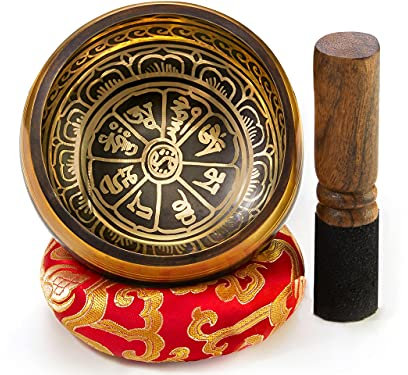 Tibetische Klangschale Set, mit Klöppel und Klangschalenkissen in Loktapapier Geschenk-Box. Singing Bowl aus Tibet (Mystic Black)