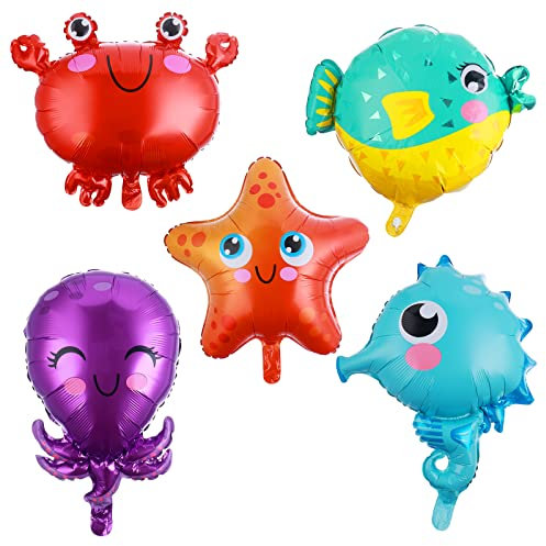 Prasacco 5 Stück Meerestiere Folienballons, Ozean Geburtstag Party Dekoration Krabbe Seestern Seepferdchen Kugelfisch Oktopus Ballon für Kinder Geschenk Geburtstag Jubiläum Ozean Thema Party