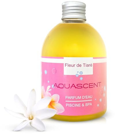 Aquascent - Parfum d'Eau Piscine et Spa FLEUR DE TIARE - Concentré 250ml : élimine les odeurs, préserve l'eau claire, sans alcool ni colorant. Fabriqué en France. Compatible Sel & Chlore