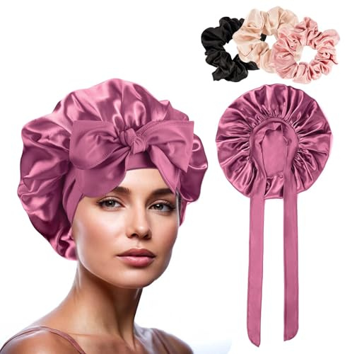 GlasFlength Cuffia Seta Capelli Notte, Cuffia di Seta Grande Cuffia Regolabile Capelli Ricci Notte Morbida e Confortevole Berretto da Notte Raso Elastico Riutilizzabile con 3 Elastici per Capelli