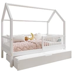 TIMBEE ZOJA - Duo Holzbett - in Hausform mit Rundstäben und Einer Schublade - Skandinavischer Stil - Massive Konstruktion aus Naturholz - Option mit Schlaffunktion - Weiß - 90x200cm