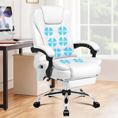 ALFORDSON Bürostuhl mit Massagefunktion, ergonomisches Design mit großer Sitzpolsterung, Lendenwirbelstütze, Rollen, für reibungslose Mobilität im Büro, Weiß