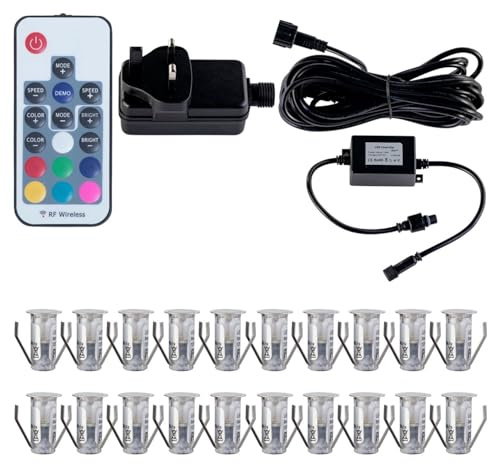 firstchoicelighting Set of 20-15mm LED Decking Plinth Ground Light Kit, Stainless Steel, RGB Colour Changing, IP67 Waterproof Recessed Outdoor Garden Bathroom Kitchen