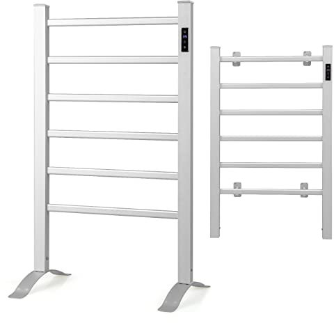 COSTWAY 6 Bar Electric Towel Warmer, Freestanding & Wall Mounted Aluminum Heated Towel Rail with 8H Timer, LED Display and Overheat Protection, Towels Radiator Drying Rack for Bathroom, Silver