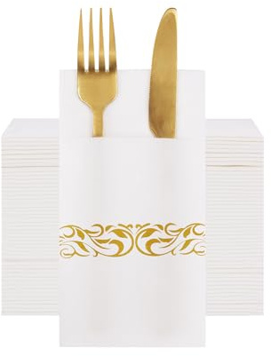 VANHEON Disposable Napkins, Linen-Feel Prefolded Napkins | 50 Counts, Linen Feel, Air Laid Technology, Ultra-Soft, Gold Trim Decorative Design, Elegant for Party, Wedding 16 x 16