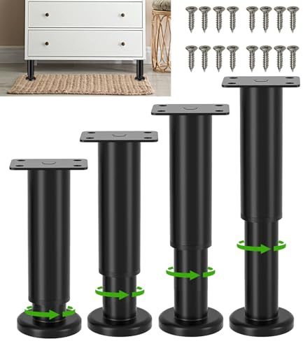 Set med 4 justerbara möbelben av metall - Justerbar höjd - För garderob, TV-skåp, säng, soffa, ben, nattduksbord, inlärningsstol, badrum - Svart - 180 till 300 mm