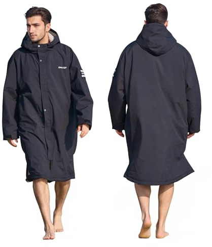 Owntop Cappotto avvolgente impermeabile per uomo e donna – Quick-Dry Spiaggia Nuoto Cappotto antivento a maniche lunghe con cappuccio, fodera in pile Borg (unisex per adulti bambini), nero + grigio