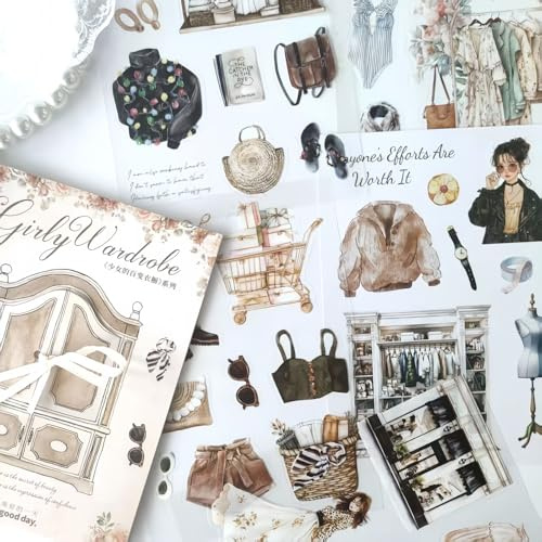 Adesivi per scrapbooking 20 fogli Stickers estetici Accessori,serie Girl Adesivi PET per bullet journal fai da te,album fotografico,computer,blocchi note(Girl's wardrobe 3)