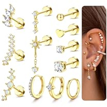 JeweBella 12Pcs 20G Piercing Oreja Pendientes Acero Inoxidable Mujer Piercing Tragus Helix Pendientes Mujer Plata Oro Cartilago Helix Conch Piercing Hipipoalergenicos Anneau Oreille Pequeños