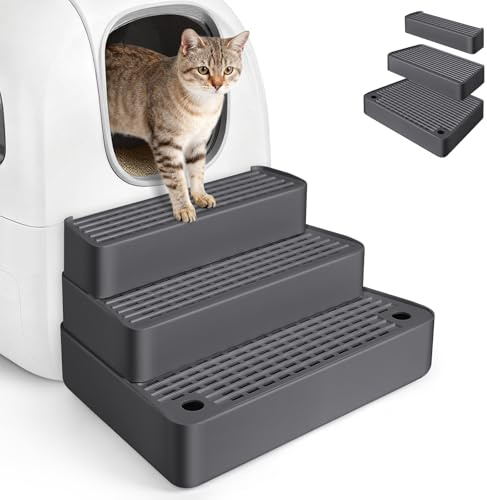 Bartuke Rampe de litière Extra Large à 3 marches réglable avec Fonction de Filtre, Facile à Nettoyer, pour Chats âgés et Chatons (Gris foncé)
