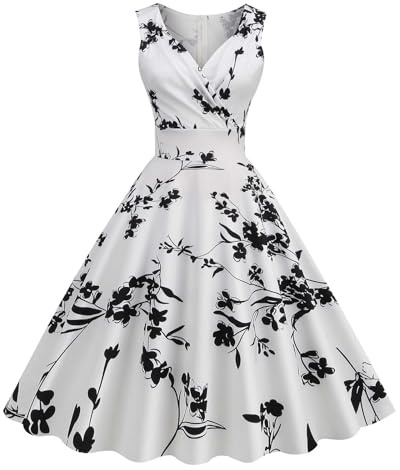 Damer 50-tals klänningar vintage rockabilly cocktailklänning sexig ärmlös balklänning elegant A-linje klänning blomtryck sommarklänning knälång v-ringad aftonklänning 50-talet klänningar