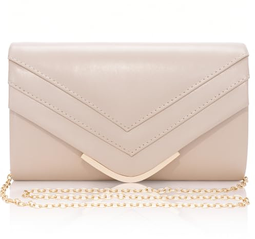 Toptime Pochette Femme en Cuir, Petit Sac à Main de Soirée avec Chaîne Dorée, Enveloppe Pochettes et Clutches Femme à Rabat en V, Élégante Sac Bandoulière en Nude pour Fête Bal Mariage Cérémonie