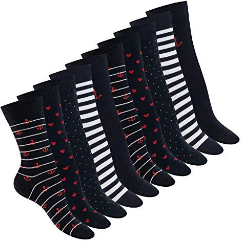 Celodoro Damen Motivsocken (10 PAAR) Süße Muster Crew Socken - Marine 39-42