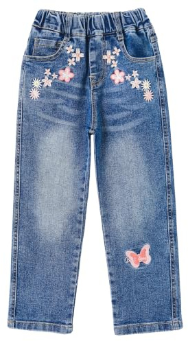 KIDSCOOL SPACE Little Girl Embroidered Jeans,Big Girls Elastic Waist Denim Bottom Trousers