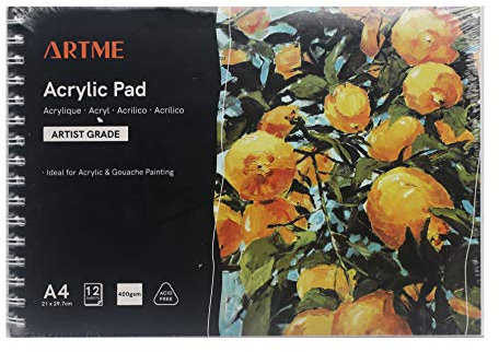 Artme A4 Acrylpapier x 12 Blatt 400gsm Acrylblock/Extra Schweres/Kaltgepresstes/Säurefreies, Nasses Und Trockenes Medium - Hochwertiges Zeichenpad Acryl- Und Gouachemalerei (1 Packung)