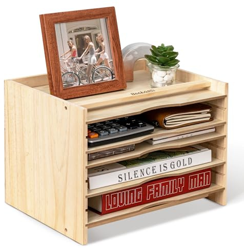 Becko Wooden File Organiser Paper Sorter File Sorter with 4 Adjustable Shelves & Desktop Tidy A4 Sturdy Stationary Storage Organiser Top Storage Compartment for Office and Home School