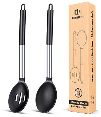 Confezione da 2 grandi cucchiai da cucina in silicone, antiaderenti, resistenti al calore, per miscelare, servire, drenare, mescolare (nero)