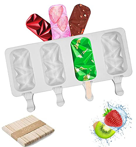 Stampo per Gelato,4 Cavità Gelato in Silicone Stampo Ghiacciolo Makers Popsicle Stampi Popsicle Ice Maker Mold Classico Stampo in Ghiacciolo,con 20 Bastoncini in Ghiacciolo in Legno,Riutilizzabile