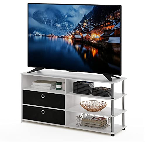 Furinno JAYA Simple Design TV Stand for up to 55-Inch with Bins, White Oak, Stainless Steel Tubes