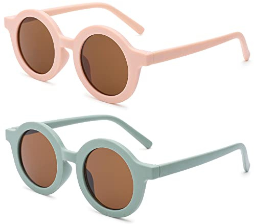 COASION Cute Round Kids Sunglasses UV Protection Flexible Rubber Glasses Shades for Toddler Girls Boys Age 2-10 (Pink/Brown Lens + Green/Brown Lens)