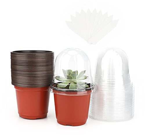 KINGLAKE 32 Stück Anzuchttöpfe pflanztöpfe 10cm, Pflanztopf Aufzuchttöpfe Klein, Blumentöpfe Kunststoff Mit Kuppel Deckel und 10 Stück Pflanzenstecker, Setzlinge Anzucht Töpfe Plastik-Braun