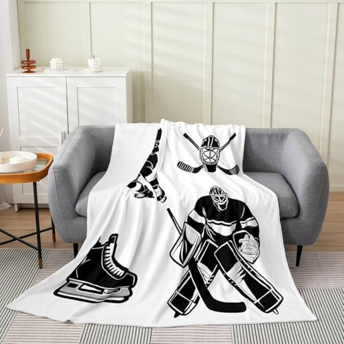 Ice Hockey Blanket for Kids, Boys, Teens - Black White Player Throw 40x50, Winter Sports Game Silhouette Fleece for Living Room Decor, Puck Fuzzy Lightweight