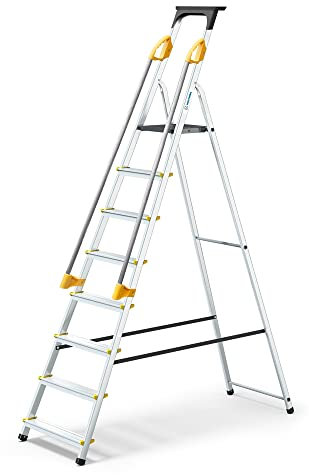 Escalera de 8 peldaños DURAMP segura con rampas, estante portaherramientas, estribo plegable de aluminio, altura plataforma 162 cm, garantía de 5 años Hoström
