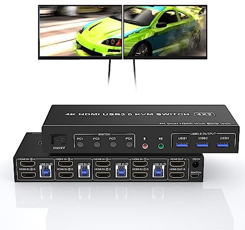 KVM Switch 4 Port 2 Monitore USB 3.0, unterstützt EDID, HDMI 4K 60Hz Monitor Switch für 4 PC 2 Monitore mit Audio Mikrofon Ausgang und 3 USB 3.0, KVM Switch 2 Monitore 4 PC 4 Computer