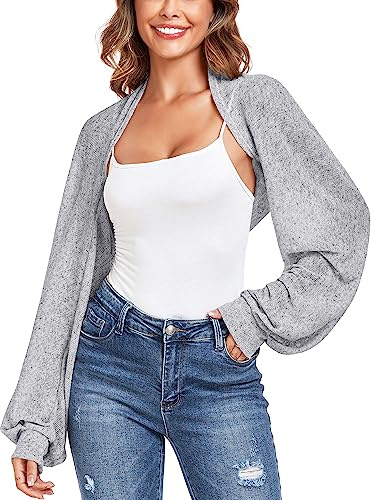 ZAFUL Open Front Cropped Bolero Cardigan for Women Bolero Shrugs for Evening Dress Strechy Crochet Knit Top Grey S