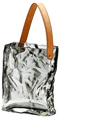 Jarrón de cristal con forma de bolso con asa de cuero, jarrón hecho a mano, jarrón de cristal de color original, jarrón de cristal para sala de estar, cocina, oficina, boda (gris, S)