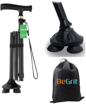 BeGrit Bastone da Passeggio Pieghevole per Anziani 3 Piedi Bastone Elegante Regalo per Donna Anziana Bastoni da Passeggio per Anziani Telescopico Regalo per Anziani Stampella Tripode, Nero