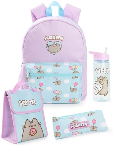 Pusheen Juego de mochila para niñas | Paquete azul y rosa de 4 piezas para niños con mochila escolar, estuche para lápices, bolsa de almuerzo y botella de agua | Kitten Cat Set Completo A Juego