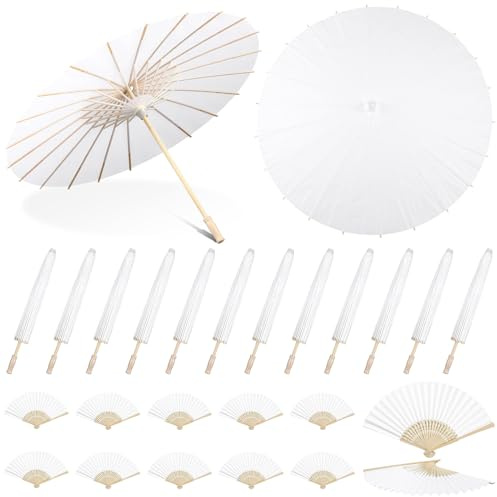 SilTriangle 24 Pcs 16/24/72/100 Pcs Wedding Paper Parasol Umbrella with Fans, Bamboo Parasol for Bridal Shower Garden Party Decor (23.62 Inch,8.27 Inch,White)