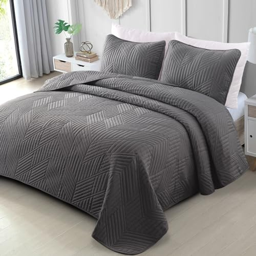 Exclusivo Mezcla Colcha Acolchado para Cama 180 - Ligero, Suave y Geométrico Moderno, para Todas Las Estaciones, 240x260 cm, Gris (1 Cubrecama y 2 Fundas de Almohada)