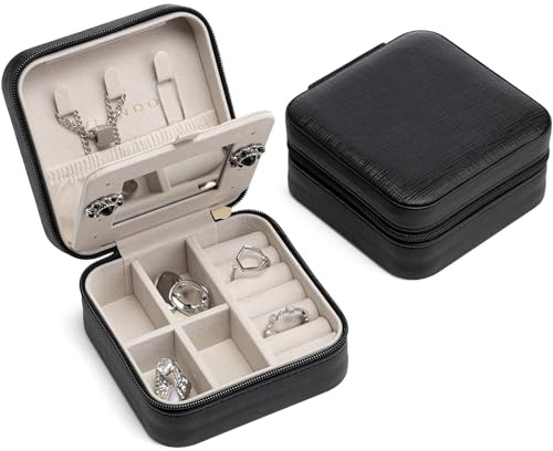 Vlando Small Faux Leather Travel Jewellery Box Organizer Display Storage Case for Rings Earrings Necklace with Mirror