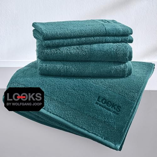 LOOKS by Wolfgang Joop Handtuch Set 5tlg. - 100% Baumwolle, 2 Gästehandtücher + 2 Handtücher + 1 Duschtuch mit Logostick, türkis