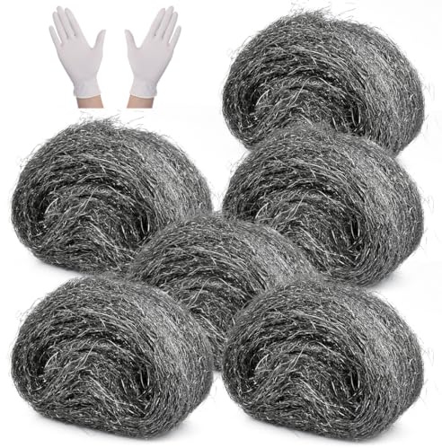 OctBird 6PCS Steel Wool Mice,One Gloves,15 Meter 0000 Steel Wool Rat Blocker, Mice Blocker Can be Used to Deter Rodent Pests and as a Cleaning Tool Wire Wool for Cleaning Removing Paint,Varnish,Rust