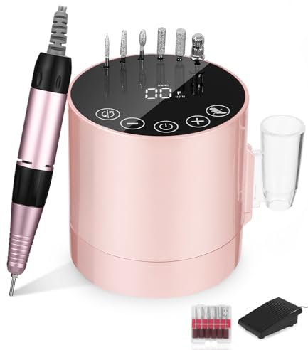 Torno para Uñas 35000 RPM, Lima de Uñas Profesionales, Set de Manicura y Pedicura con Pedal y 6 Brocas, Torno Uñas, Lima Electrica Uñas, Rosa
