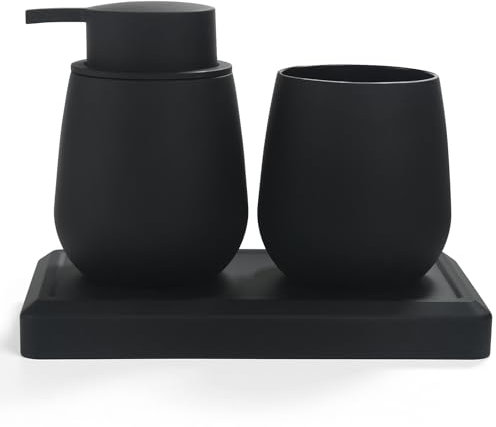 AJEUNGAIN Modern Badezimmer Set Schwarz Einschließen Seifenspender und Zahnputzbecher Tablett 3 Teiliges Badezimmer Organizer (Schwarz)