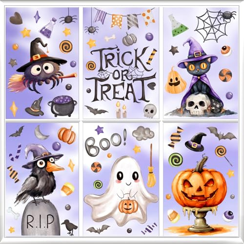 XIMISHOP 6 Sheets Halloween Window Stickers, Cute Black Double-Sided Halloween Static Clings for Home Office School Window Decoration