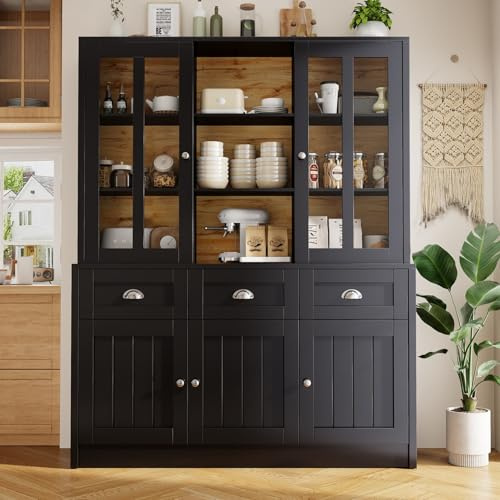 PUGSDRLY Buffet de Cuisine,Vitrine,Meuble de Rangement,5 Portes et 3 Tiroirs,Minimaliste Moderne,Buffet Haut pour Cuisine,Salon et Salles à Manger (140x38.5x175cm-Noir)