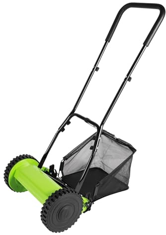 Cortacésped manual de 30 cm de ancho de corte, cortacésped manual con cesta de hierba de 23 l, 5 cuchillas de acero al manganeso 65, altura de corte de 12 a 45 mm para jardín césped y patio
