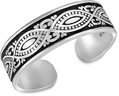 AeraVida .925 Sterling Silver Adjustable Toe Ring or Pinky Ring 5mm Wide Open Band, Stackable Minimalist Summer Foot Jewelry | Sun Moon Star Turtle Butterfly Leaf Olive Branch Ocean Wave Yin Yang Design (Balinese 2)
