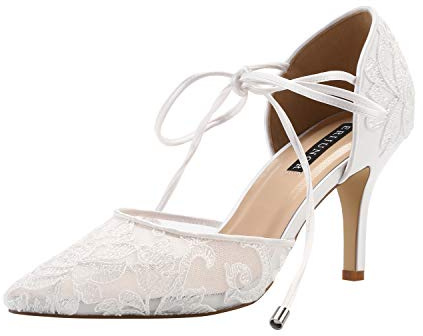 ERIJUNOR E2374 Ivory Lace Mesh Satin Bridal Wedding Shoes for Women Comfortable Mid Heel Tie Up Ankle Strap Pointy Toe Pumps Ivory Size 9.5