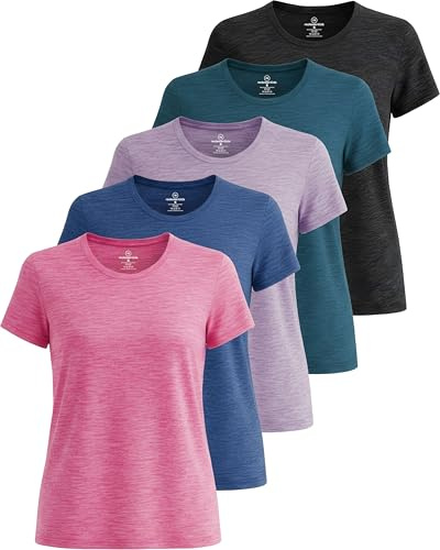 Real Essentials Womens Quick Dry Fit Dri Fit Active Wear Yoga Workout Athletic Tops Running Gym Exercise Ladies Short Sleeve Crew Scoop Neck Moisture Wicking Tees T-Shirt, Set 7, L, Pack of 5