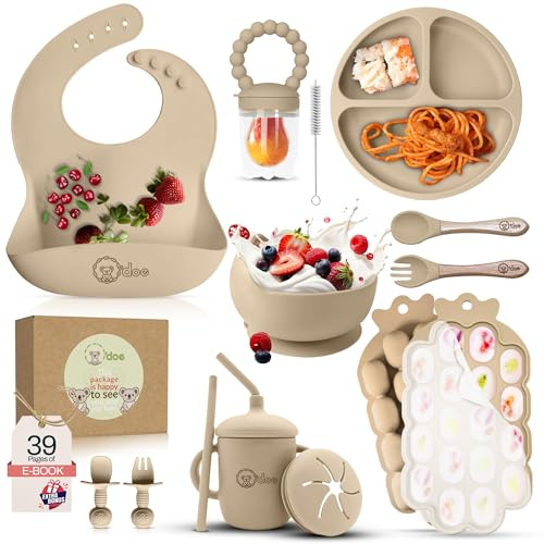 O'doe Set per lo svezzamento del bambino, 15 pezzi, set per la pappa del bambino in silicone con piatto di aspirazione, ciotola, bavaglino, tazza con beccuccio, mangiatoia per frutta, vassoio per