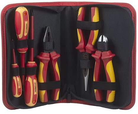 Hyundai VDE-Werkzeugset 59417, (6-teilig, Elektriker Werkzeug, Schraubendreher, Kombizange, Seitenschneider, Spitzzange, GS/VDE-geprüft bis zu 1000V, Werkzeugtasche)