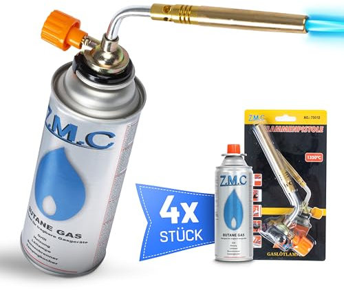 Z.M.C Gasbrenner 1,65 kW + 4x Gaskartuschen 227g, Lötbrenner bis zu 1371 °C, Bunsenbrenner mit einstellbarer Flamme, Abflammgerät ideal für Camping