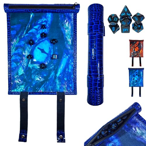 POWER BEAST Dungeon Tapis à rouler à dés dragon 2 en 1 et plateau à dés + ensemble de dés D&D polyédrique DND polyédrique, défilement portable et pliable, Donjons et Dragons, D&D, DND, RPG (BLUEDRAGON