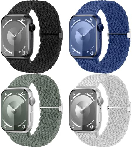 Mastten 4-pack Solo Loop flätade remmar kompatibla med Apple Watch-remmar 40 mm 41 mm 38 mm 42 mm 44 mm 45 mm 46 mm 49 mm kvinnor män, stretchig rem elastiskt sportband för iWatch SE 10 9 8 7 6 5 4 3